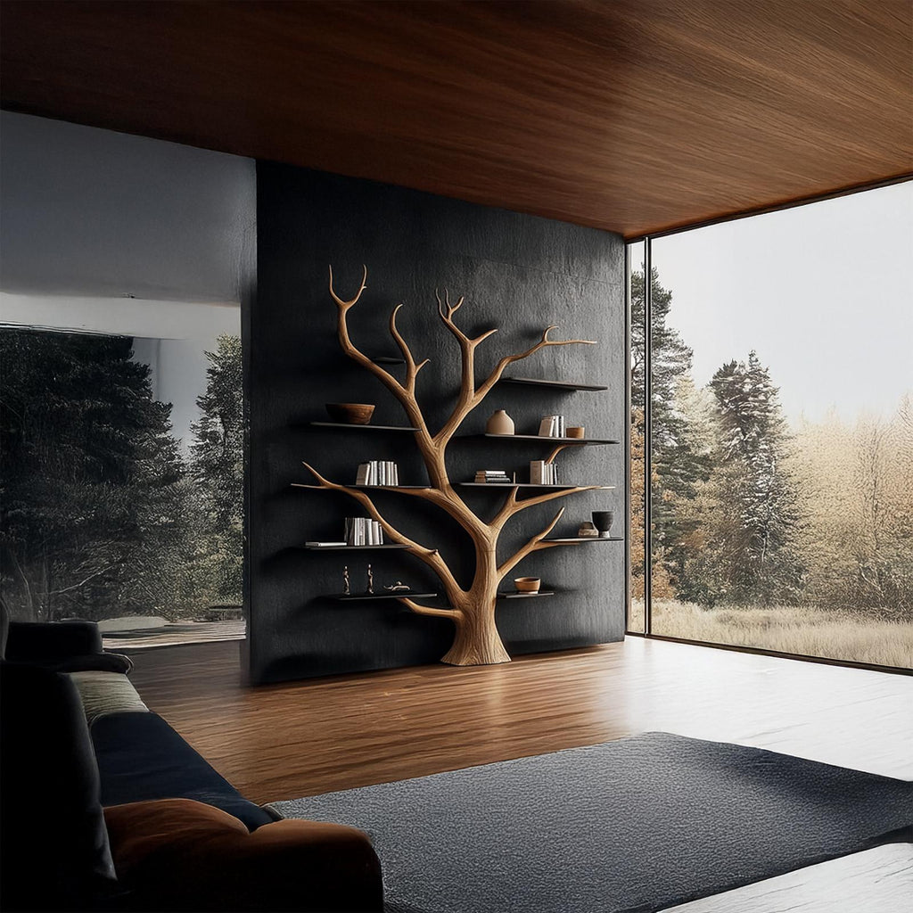 Rustic Artistic Tree Bookshelf, Solid Wood Wall Mounted Bookcase & Decorative Shelving Unit for Home Library & Living Room