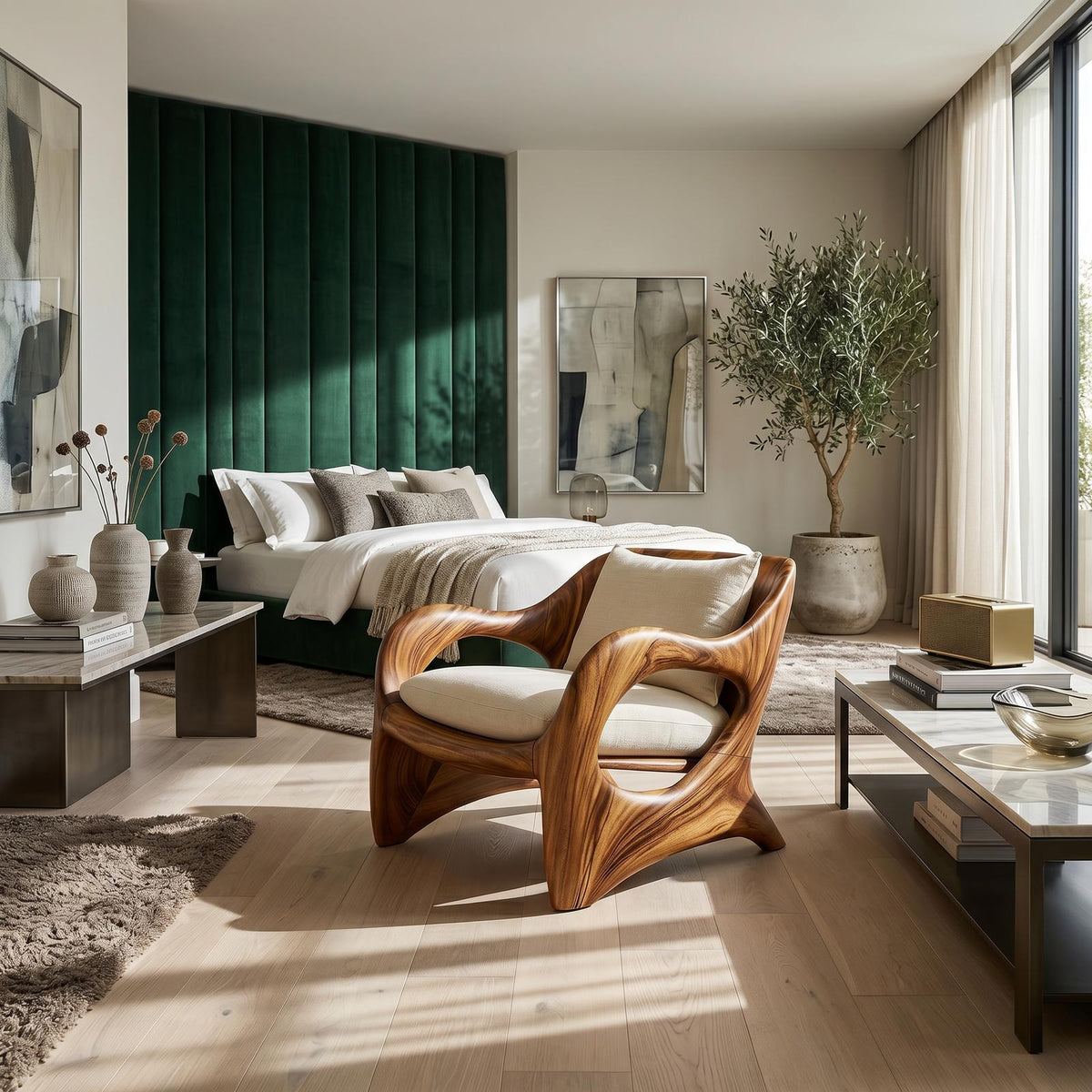 Elegant Curved Wood Accent Chair for Luxury Bedroom Retreats
