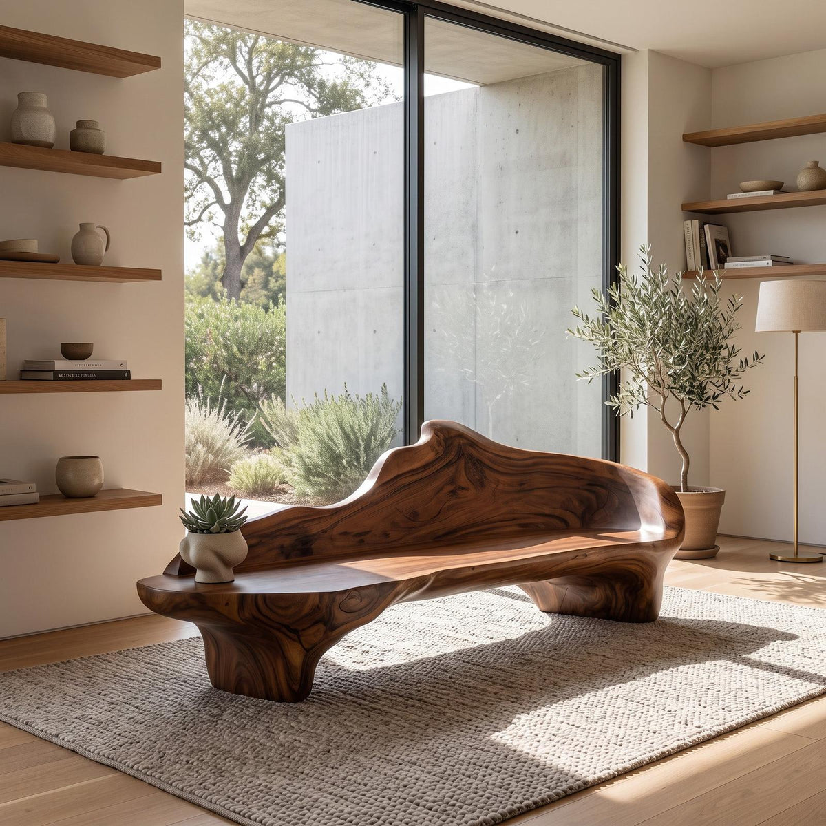 Spry Interior Sculptural Solid Wood Bench with Organic Design, Handcrafted Accent Seating for Living Room, Entryway & Bedroom, SITHHNCHR043