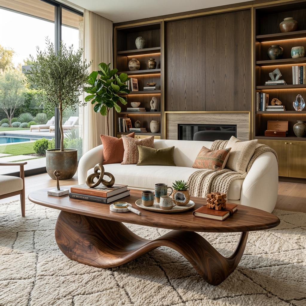 Modern Wooden Coffee Table with Sculptural Wave Design, Unique Organic Center Table for Living Room, Model