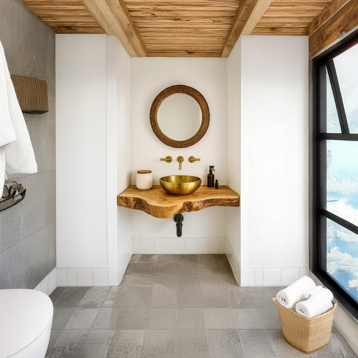 Rustic Floating Shelf, Live Edge Solid Wood Bathroom Vanity, Single Sink Washroom Countertop Console Shelf