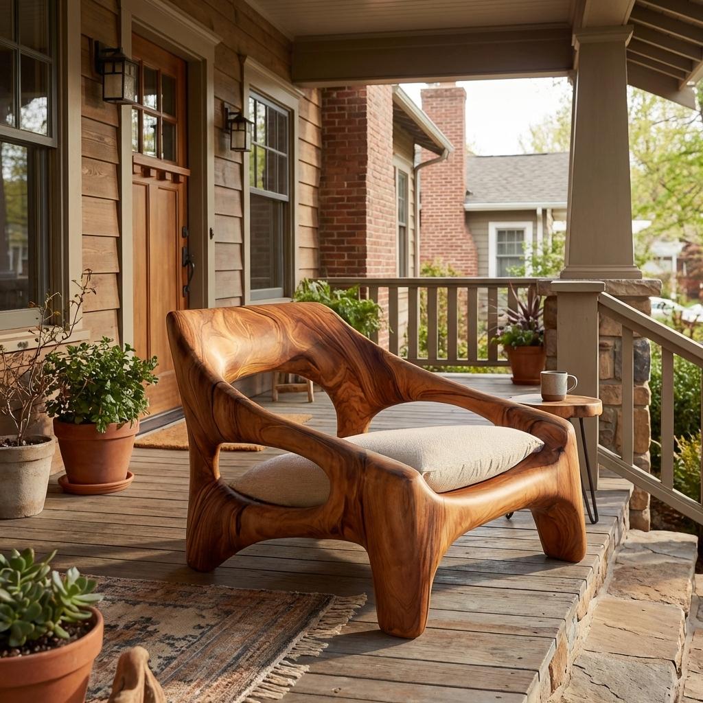 Contemporary Sculptural Wooden Chair, Handcrafted Solid Wood Outdoor Patio & Front Porch Accent Armchair