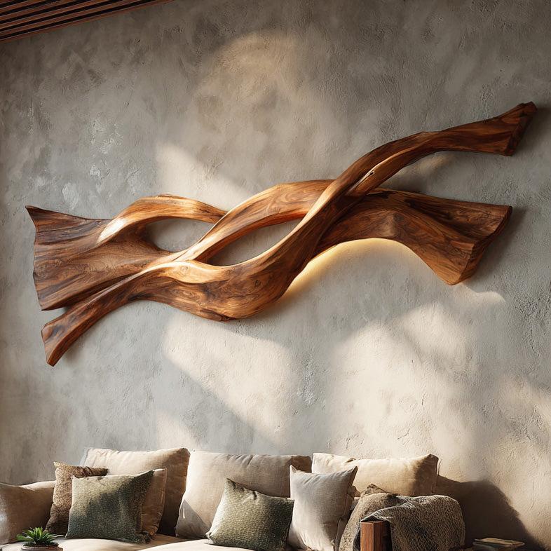 Contemporary Wood Wall Art, Flowing Abstract Wave Design 3D Carved Wood Sculpture for Living Room Decor