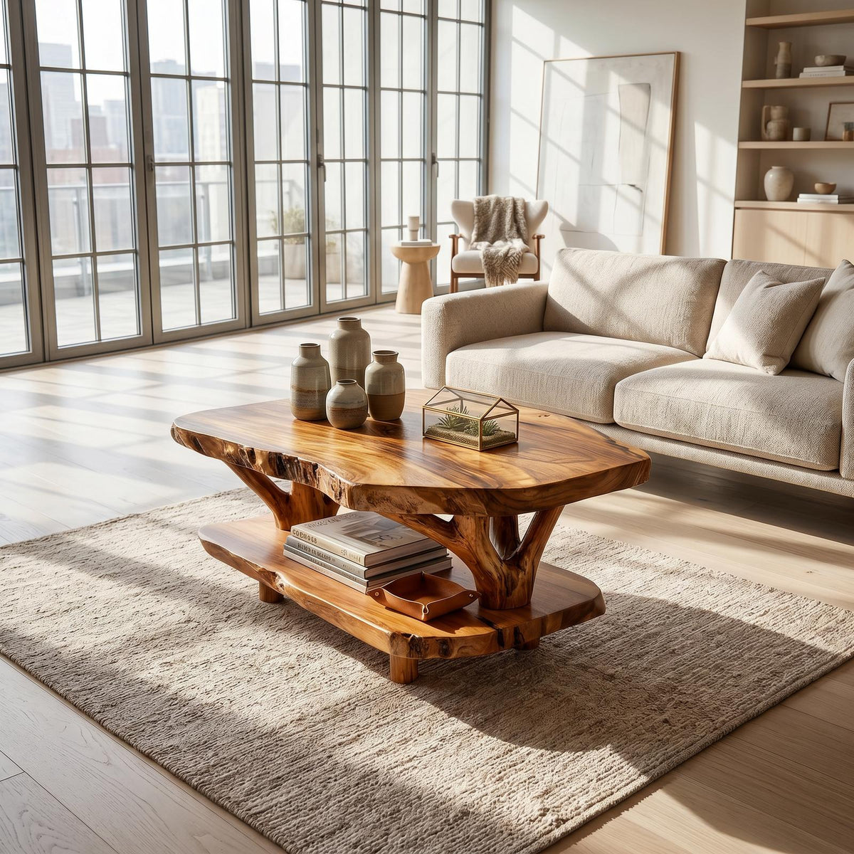 Rustic Live Edge Solid Wood Coffee Table, Natural Slab Center Table for Study Library and Country Home Decor