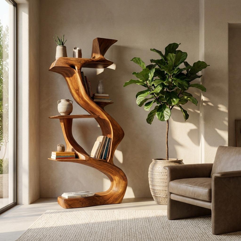 Sculptural Natural Wood Bookshelf, Handcrafted Solid Wood Standing Bookcase for Luxury Living Room & Home Decor