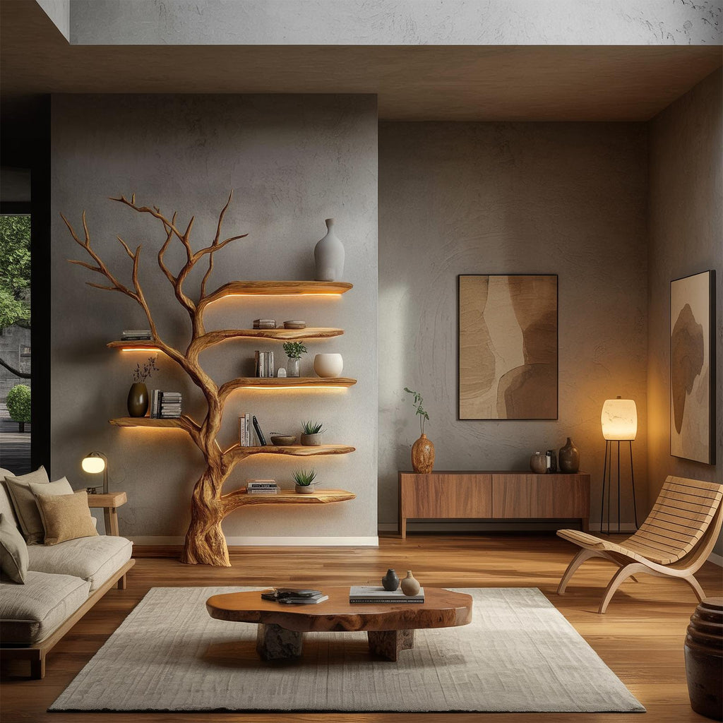 Rustic Organic Tree Bookshelf, Solid Wood Wall Mounted Branch Book Rack & Sculptural Display for Living Room