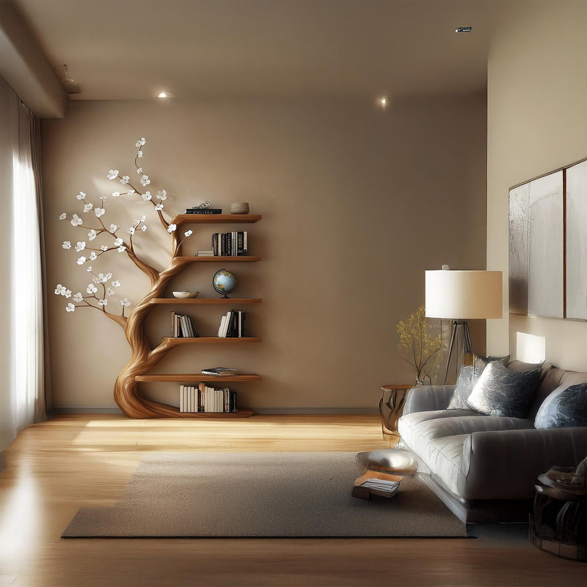 Rustic Tree Bookshelf, Handcrafted Solid Wood Flower Design Wall Mounted Bookcase & Floating Display for Living Room