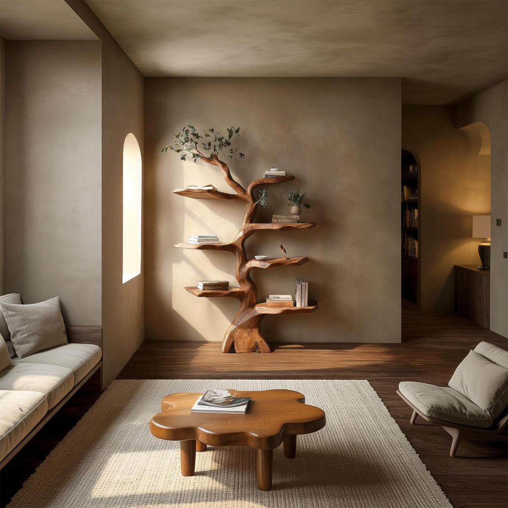 Rustic Sculptural Branch Bookcase, Space-Saving Solid Wood Tree Storage Rack for Living Room Interiors