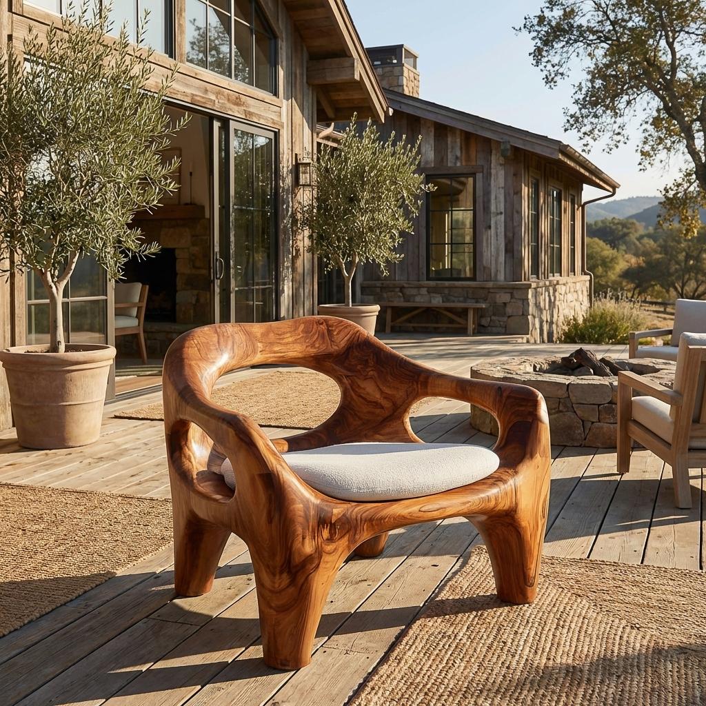 Modern Sculptural Natural Wood Accent Chair, Handcrafted Solid Wood Lounge Armchair for Living Room & Office