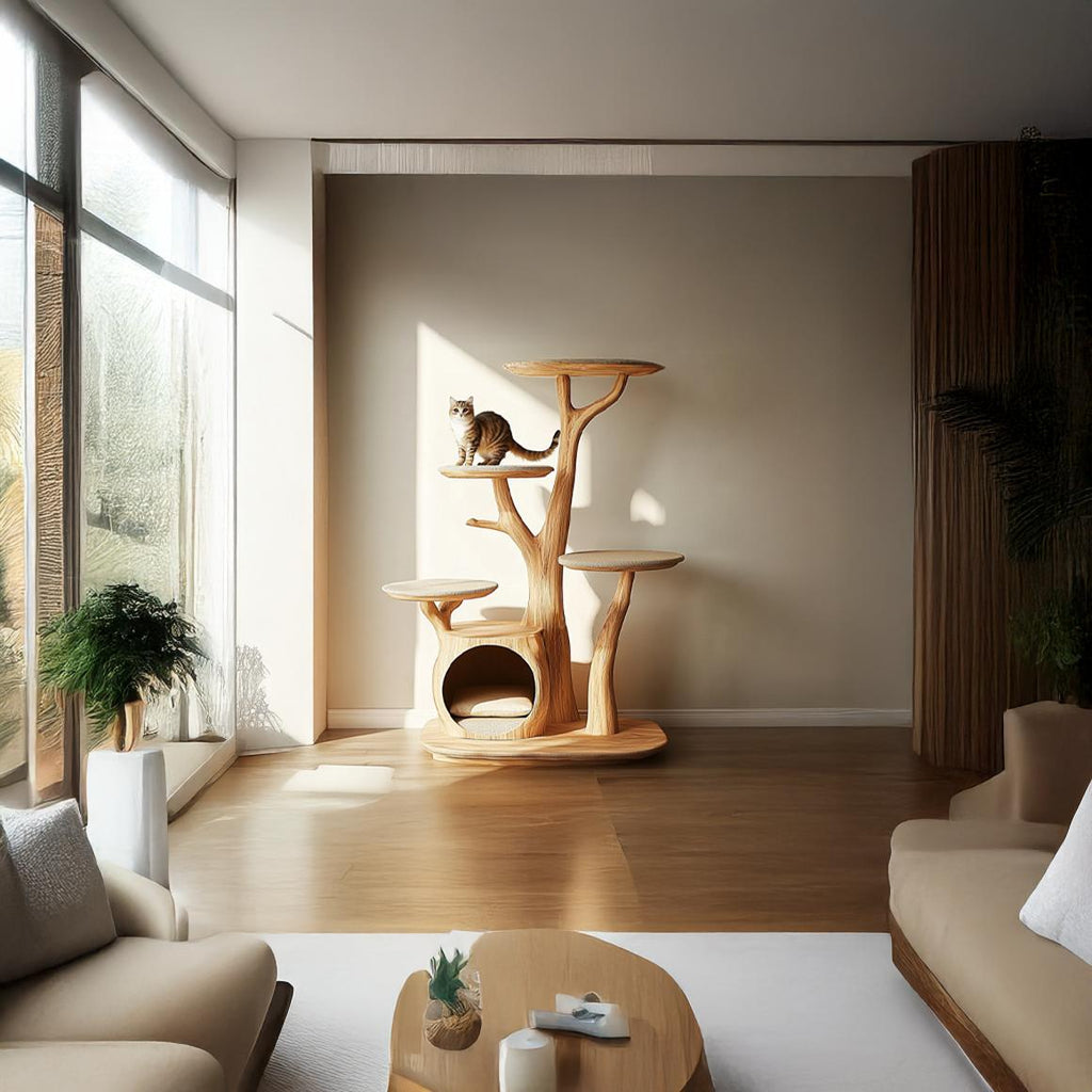 Rustic Cat Tree Stand Living Room Pet Furniture With House