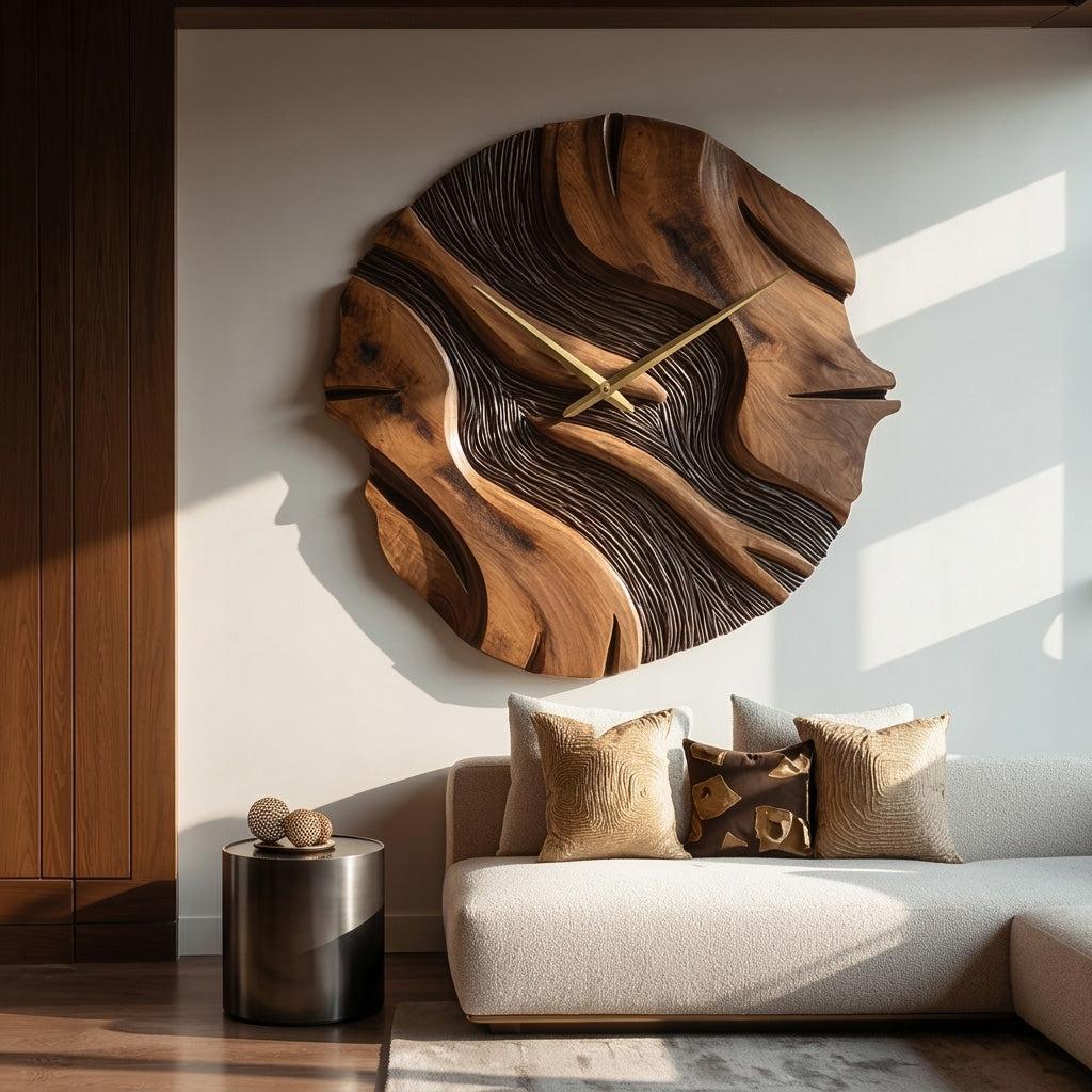 Organic Sculptural Wooden Wall Clock, Modern Abstract Hand-Carved Wood Clock for Living Room Wall Decor