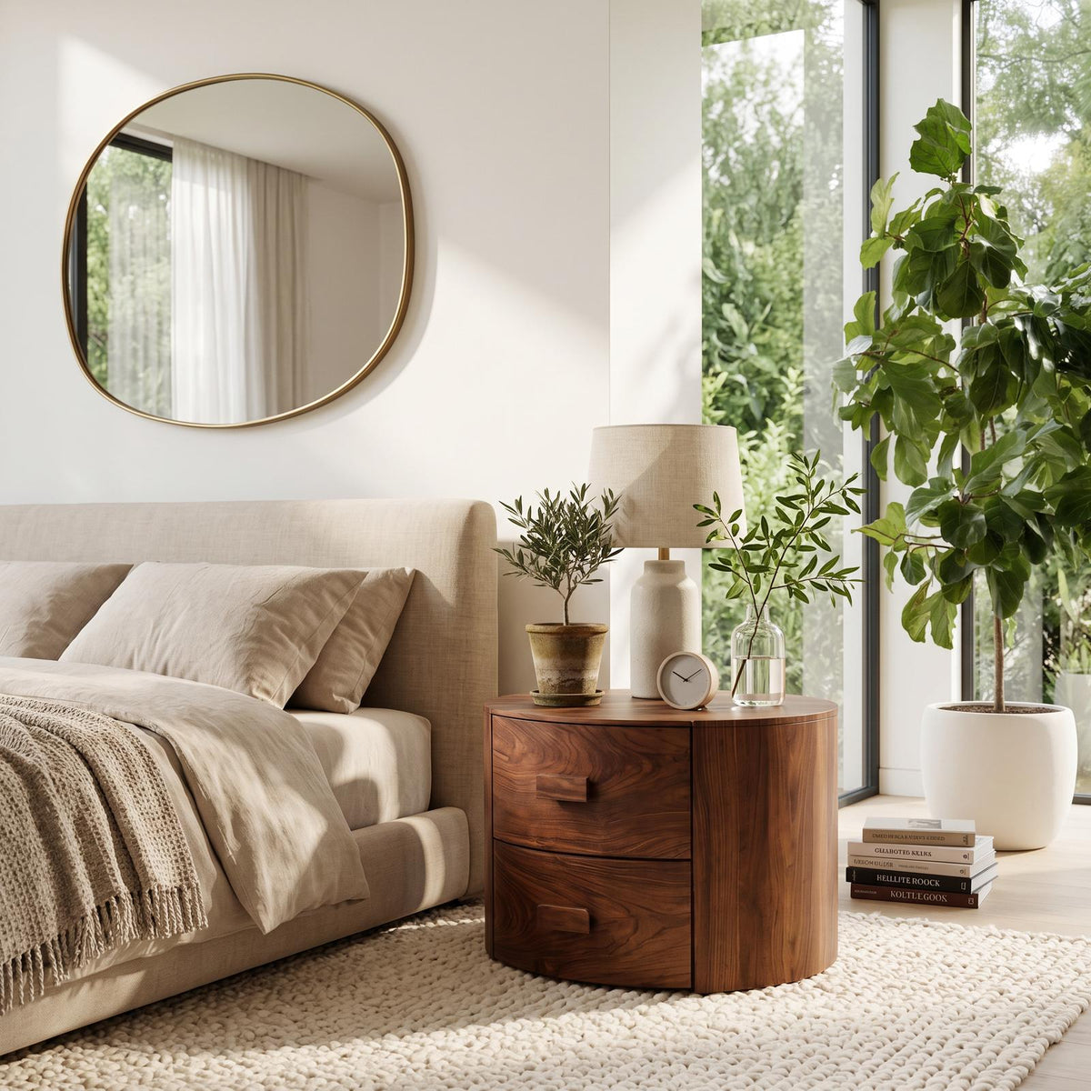 Modern Round Wooden Nightstand with 2 Drawers, Curved Wood Bedside Table for Bedroom Storage, Model