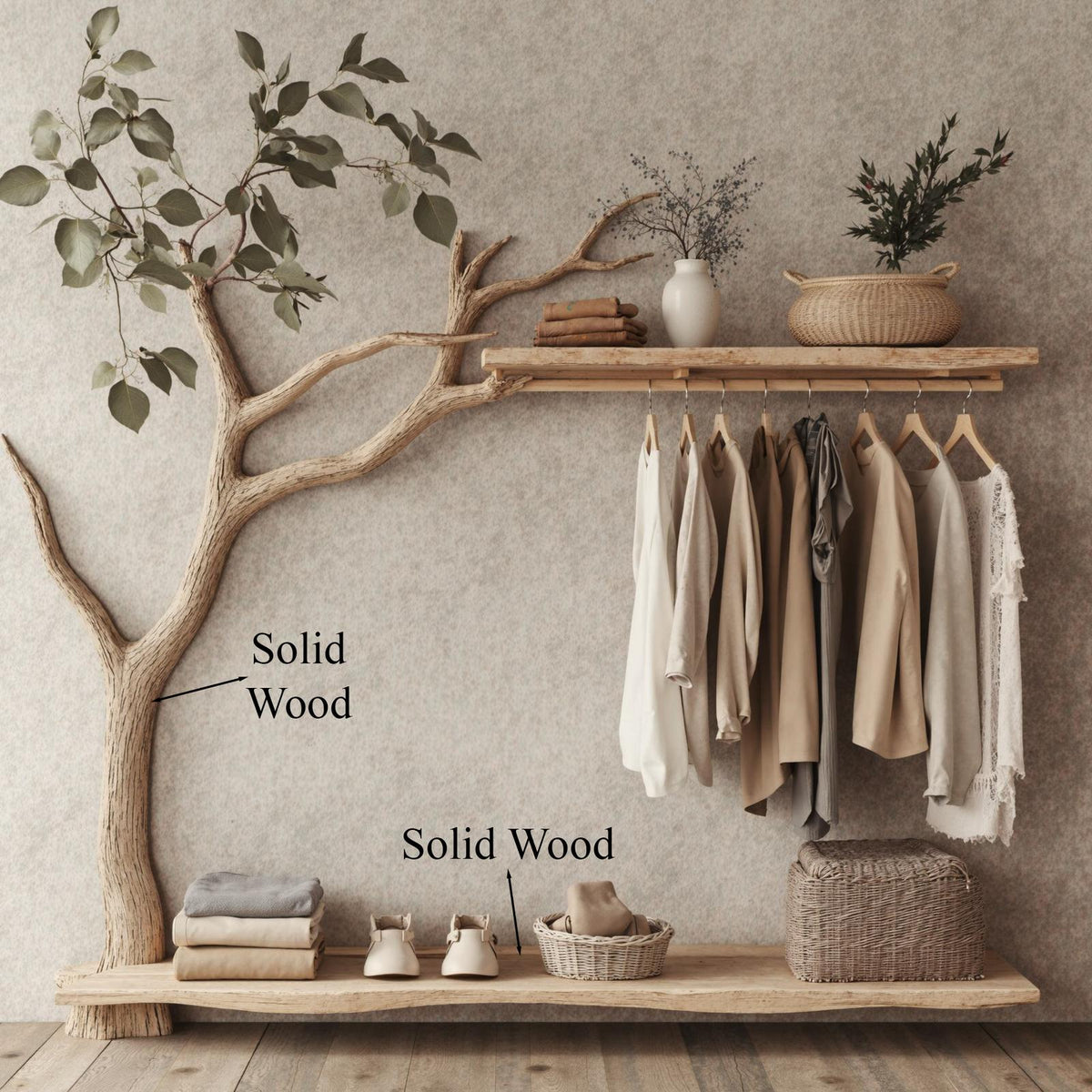 Solid Wood Coat Hanger Stand Coat Rack With Shelf Decorative Hooks