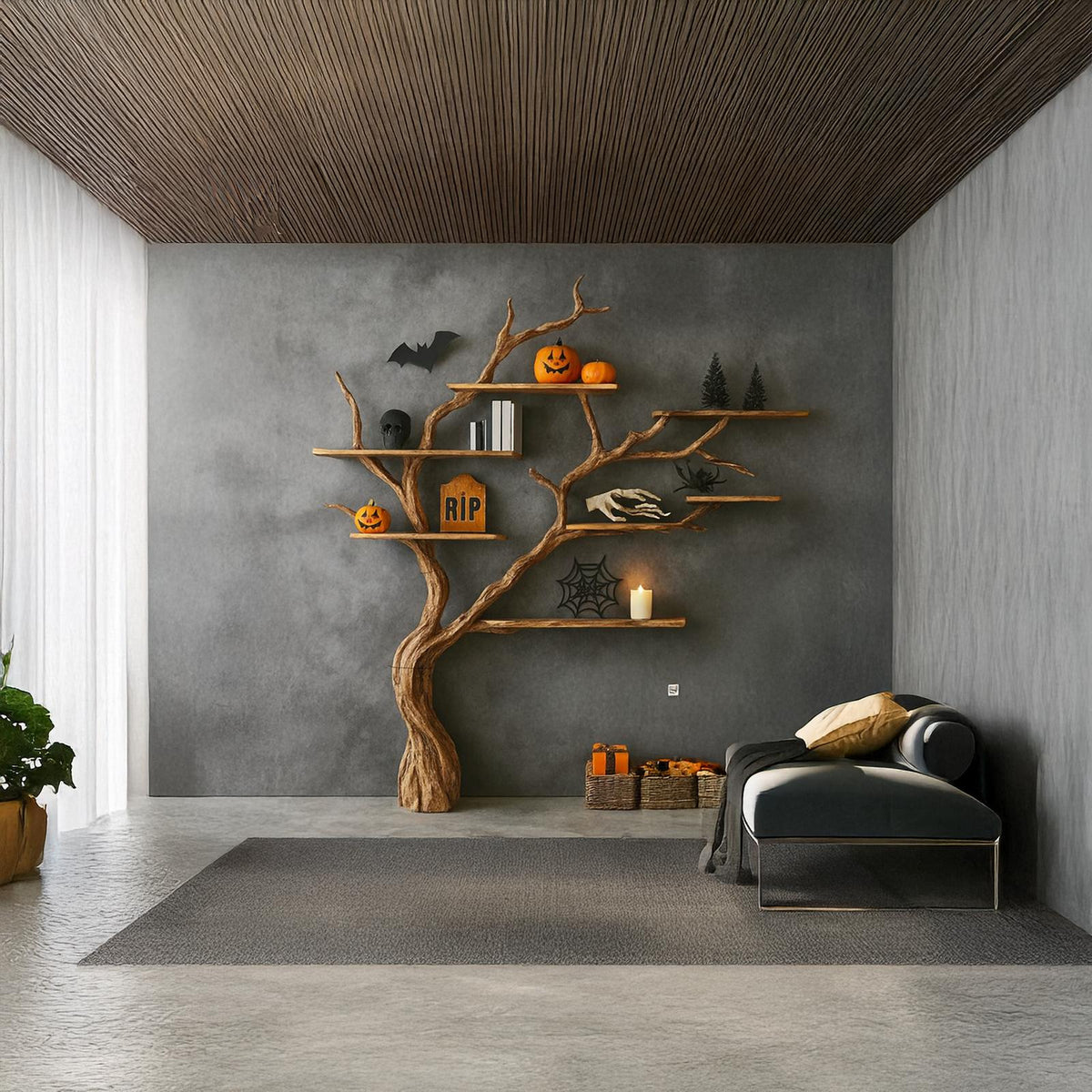 Midcentury Tree Bookshelf Living Room Halloween