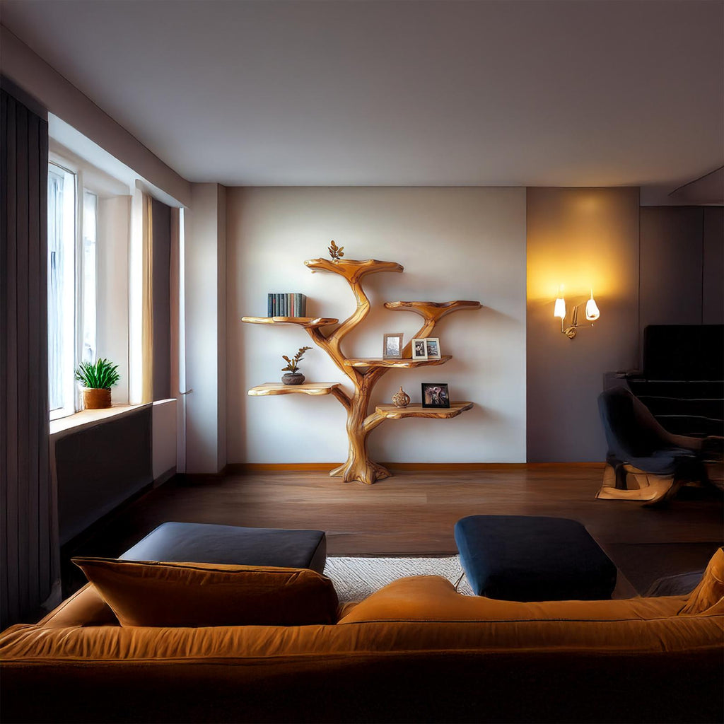 Rustic Mushroom Tree Bookshelf, Solid Wood Wall Hanging Bookcase & Artistic Display Unit for Living Room & Bedroom Decor