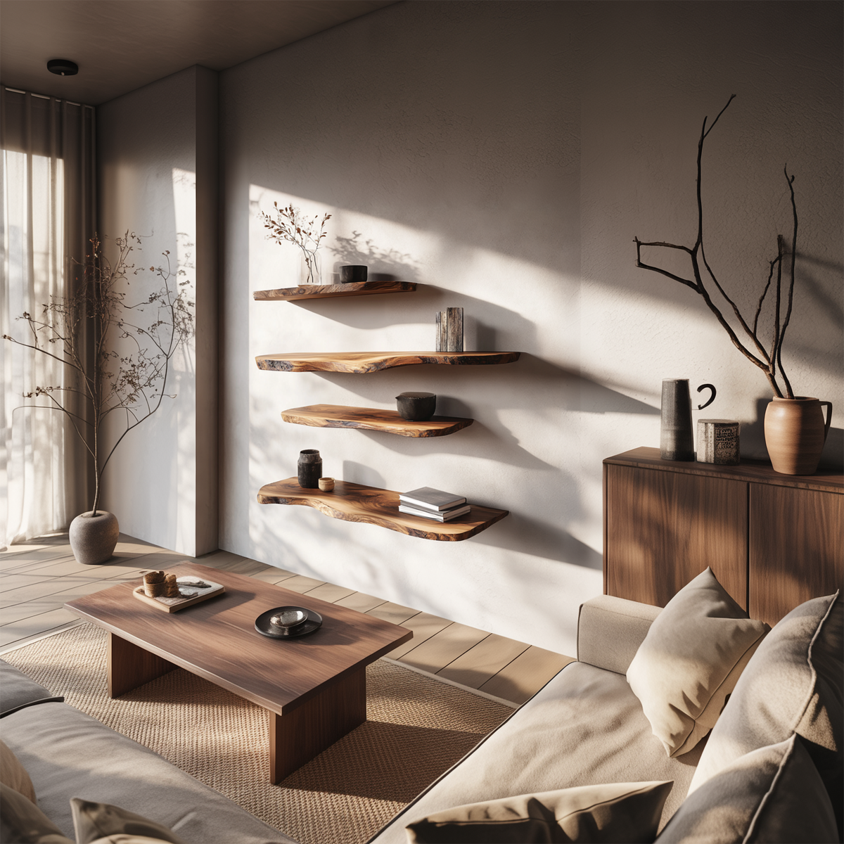 Rustic Organic Floating Wall Shelf Living Room Interior Display