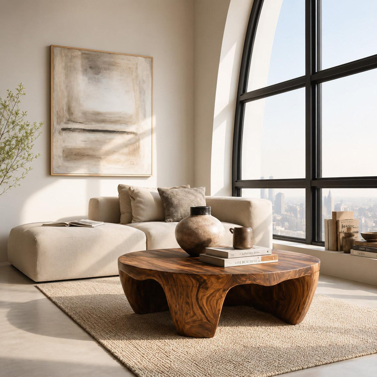 Organic Wooden Coffee Table, Natural Solid Wood Low Center Table for Modern Rustic Living Room, Model