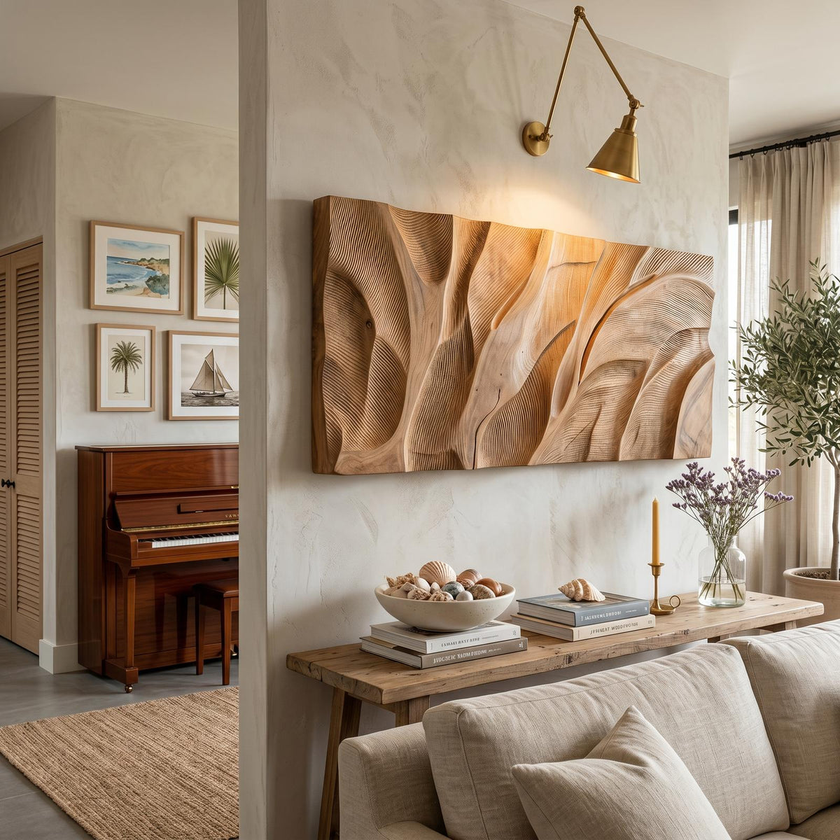 Wooden Wall Art with Textured Design, Rustic Carved Wood Accent Panel Decor for Kitchen