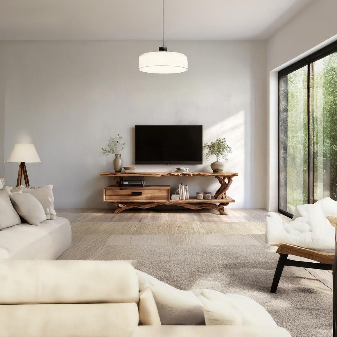 Rustic Live Edge Wood TV Cabinet, Natural Solid Slab Media Console, Low Profile Television Credenza for Living Room