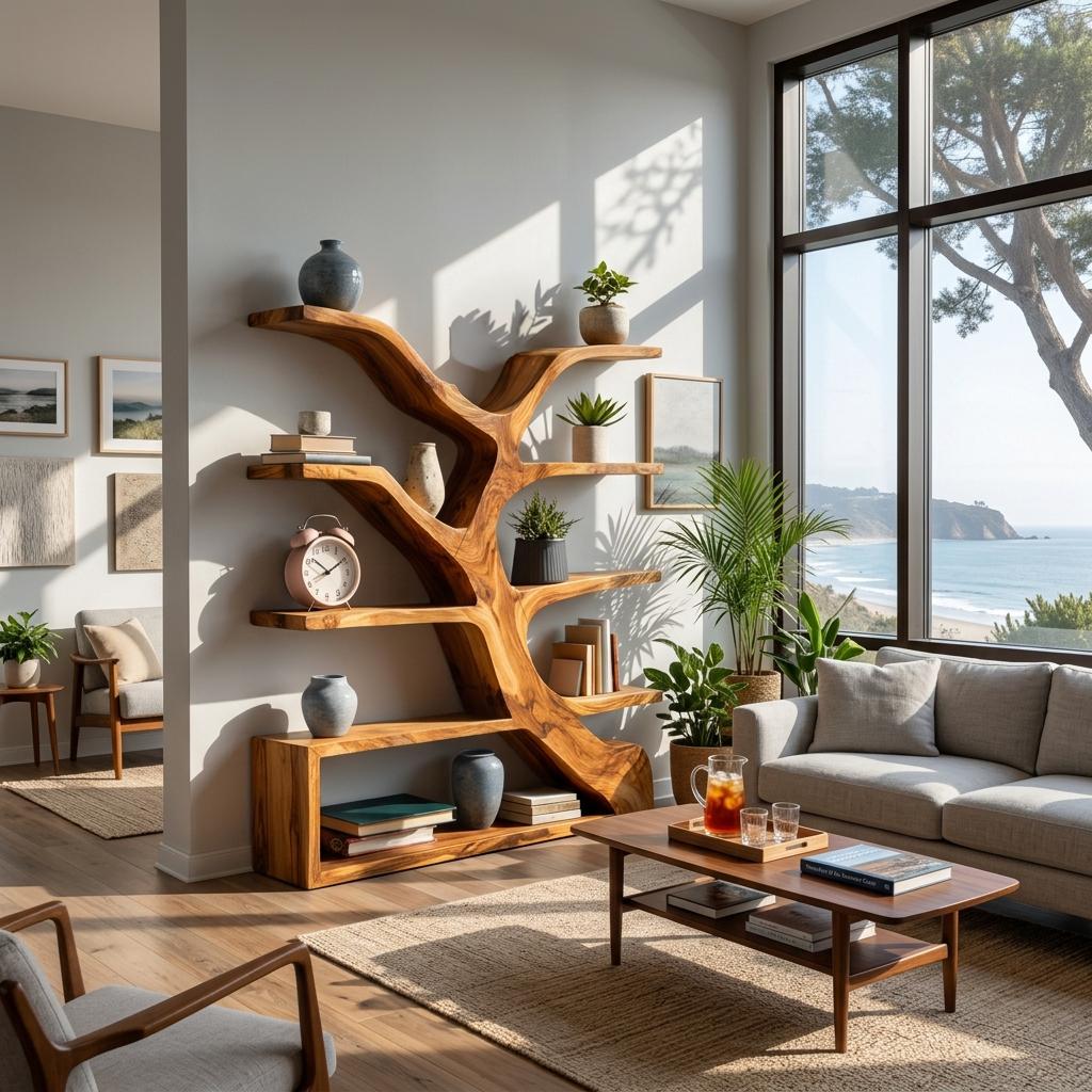 Organic Wooden Bookshelf with Branch Form, Handcrafted Solid Wood Bookcase for Living Room & Office Display