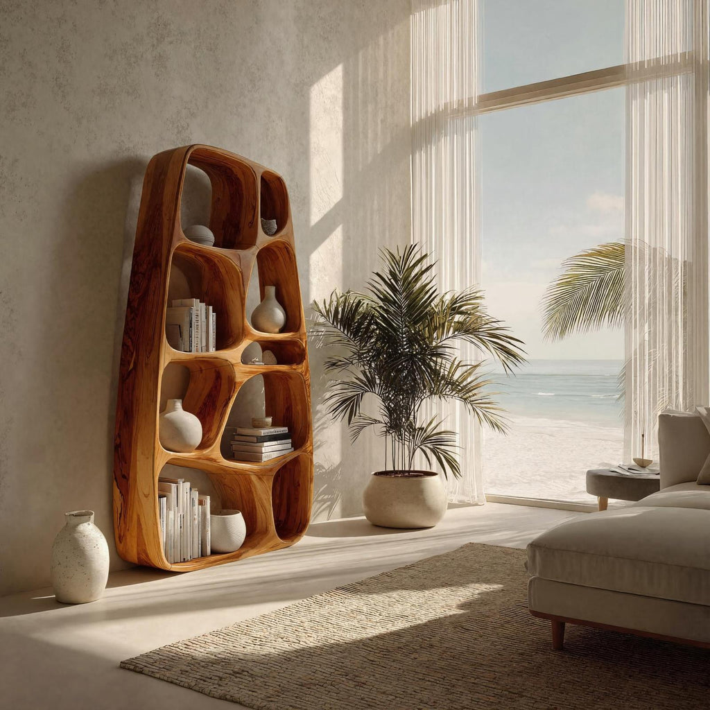 Handcrafted Wooden Sculptural Bookshelf, Solid Wood Standing Bookcase for Modern Living Room & Office Decor
