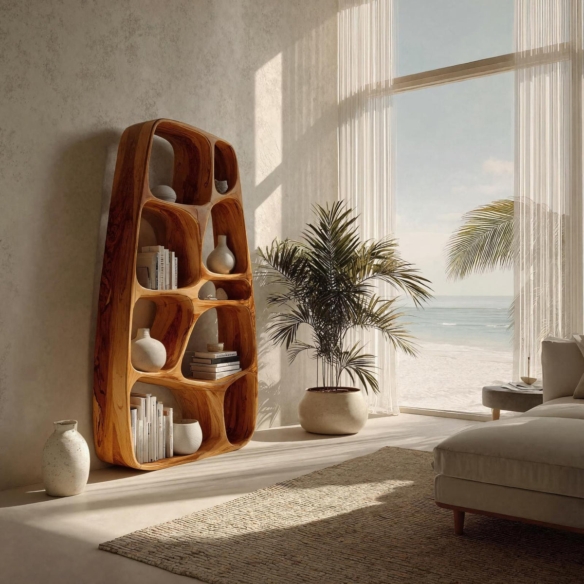Handcrafted Wooden Sculptural Bookshelf, Solid Wood Standing Bookcase for Modern Living Room & Office Decor