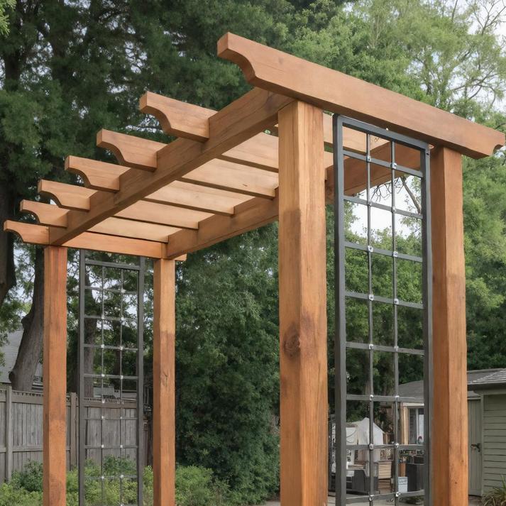Modern Wood Garden Pergola With Metal Trellis Panels For Backyard
