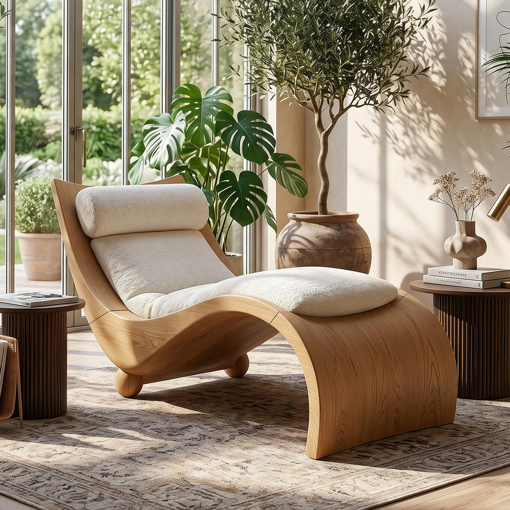Curved Solid Walnut Chaise Lounge, Luxury Contemporary Daybed Couch for Living Room Decor