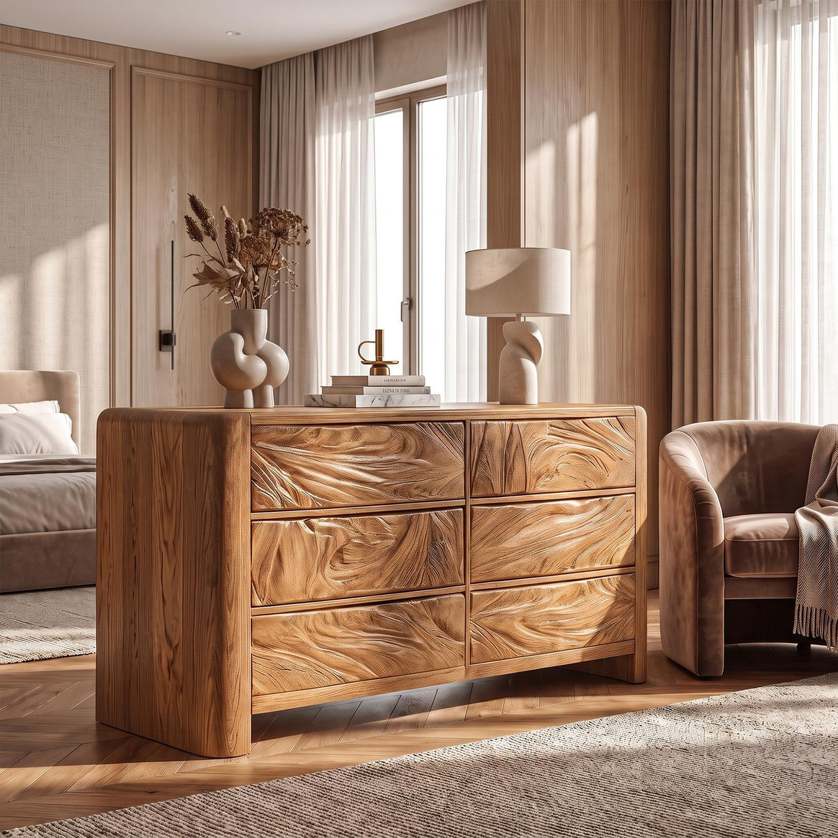 Mid Century Dresser With Carved Flowing Drawer Front For Bedroom SINLKIDR005
