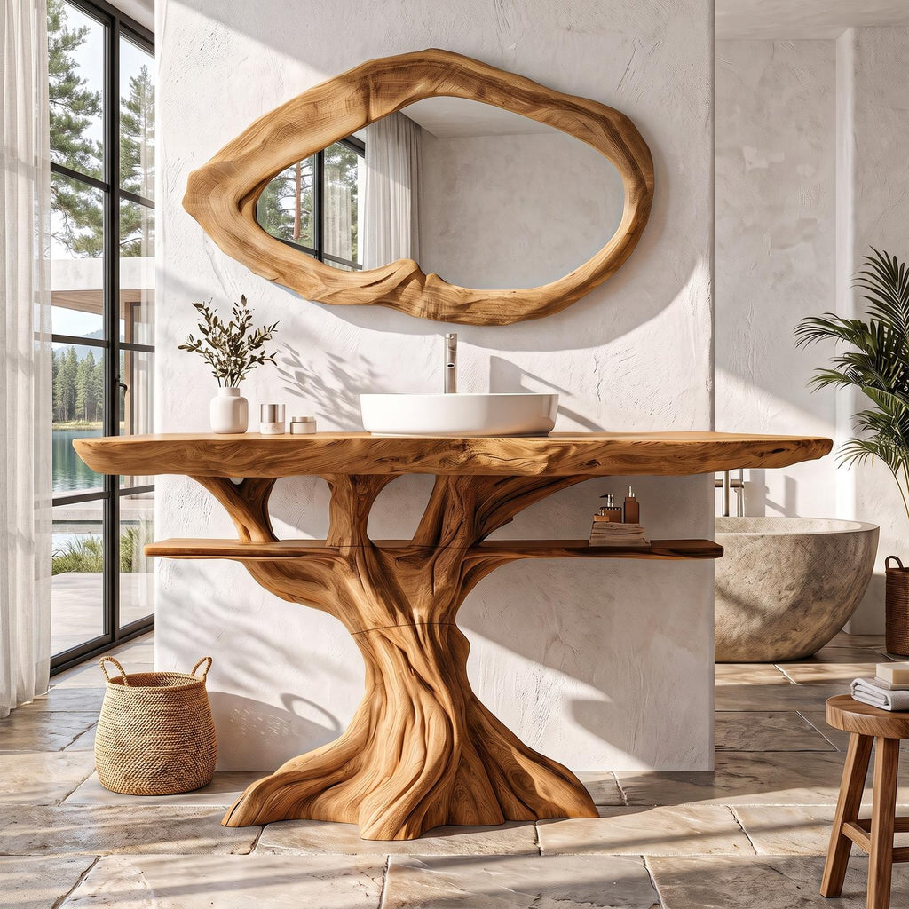 Contemporary Wooden Bathroom Vanity With Tree Inspired Frame For Bathroom