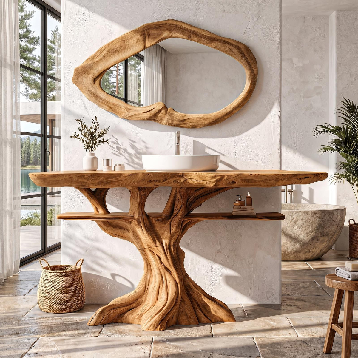 Contemporary Wooden Bathroom Vanity With Tree Inspired Frame For Bathroom