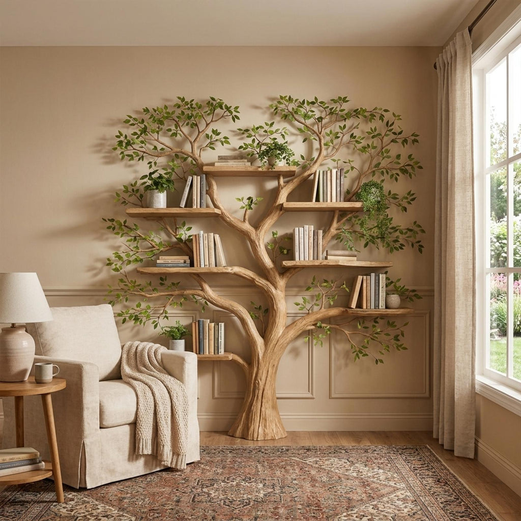 Handcrafted Wood Tree Storage Bookcase, Wall Mounted Floating Branch Display Shelf Statement Piece for Living Room