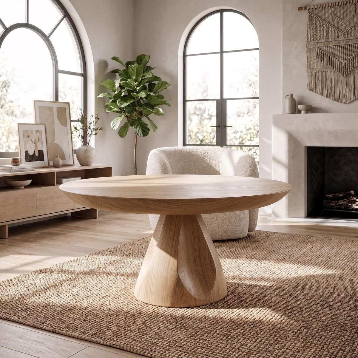 Contemporary Round Coffee Table, Solid Wood Minimalist Sculptural Accent Table for Living Room, Lounge, Family Room