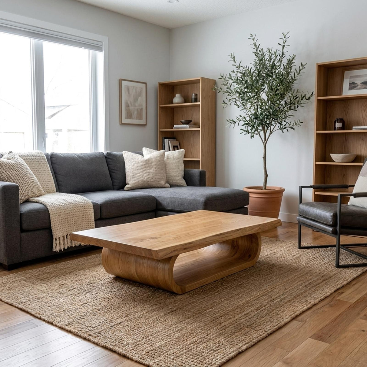 Mid Century Wave Coffee Table, Solid Wood Sculptural Fluid Curve Centerpiece Table for Sitting Room, Living Room, Den