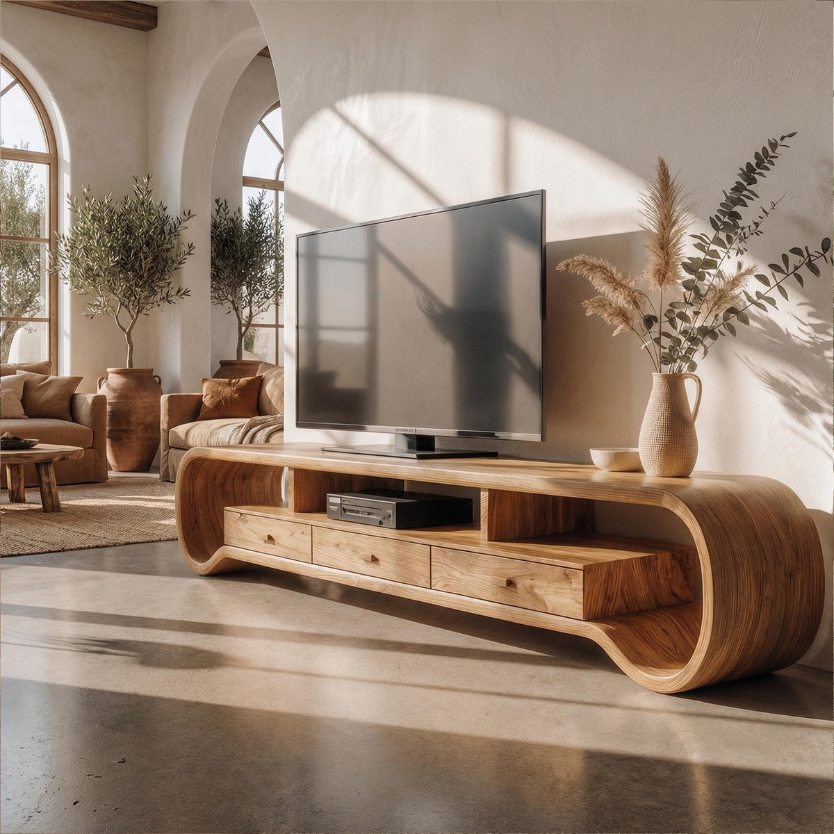 Rustic Curved TV Cabinet, Solid Wood Media Console Entertainment Center for Living Room Storage