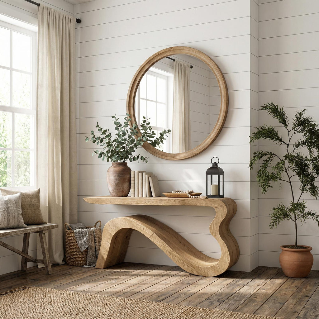 Spry Interior Contemporary Wave Console Table, Solid Wood Soft Curved Sculptural Base Entryway Accent Table, SINLKICS552
