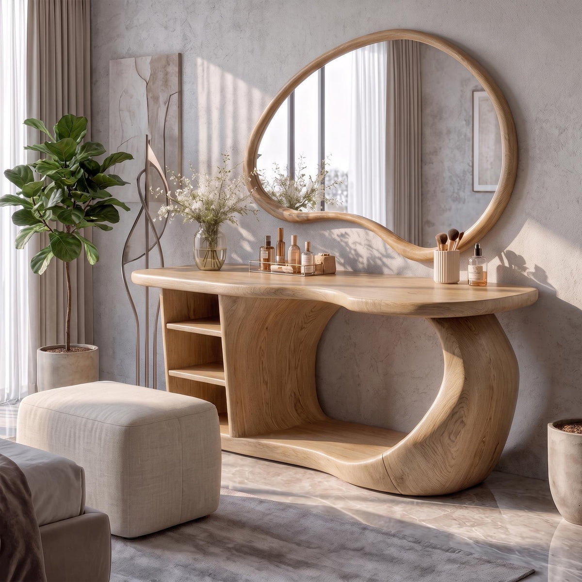 Natural Dressing Table With Sculptural Open Drawer Design For Bedroom And Dressing Room SINLKIMKV095