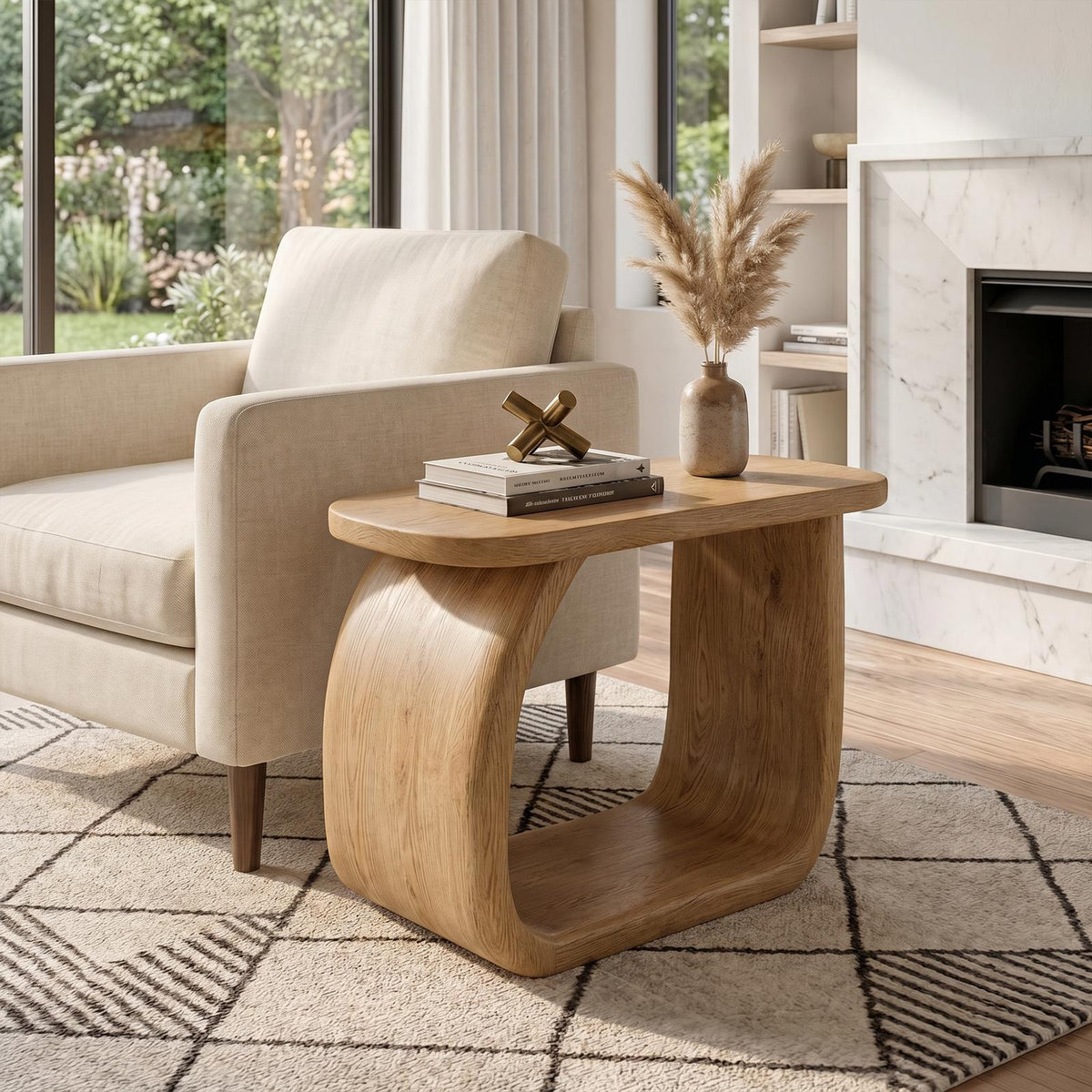 Spry Interior Minimal Wooden Bedside Table with Curved Open Frame, Handcrafted Modern Side Table & Nightstand for Living Room, SINLKIBT244