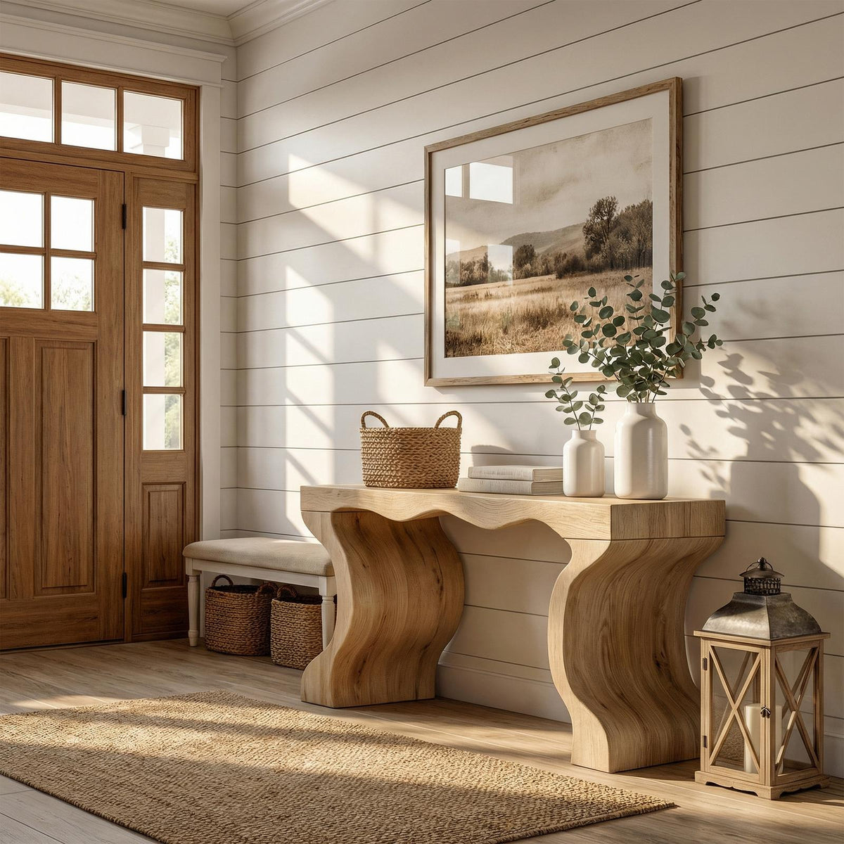 Spry Interior Sculptural Twin Base Console Table, Solid Wood Organic Pedestal Foyer Table for Living Room, Entryway, SINLKICS554