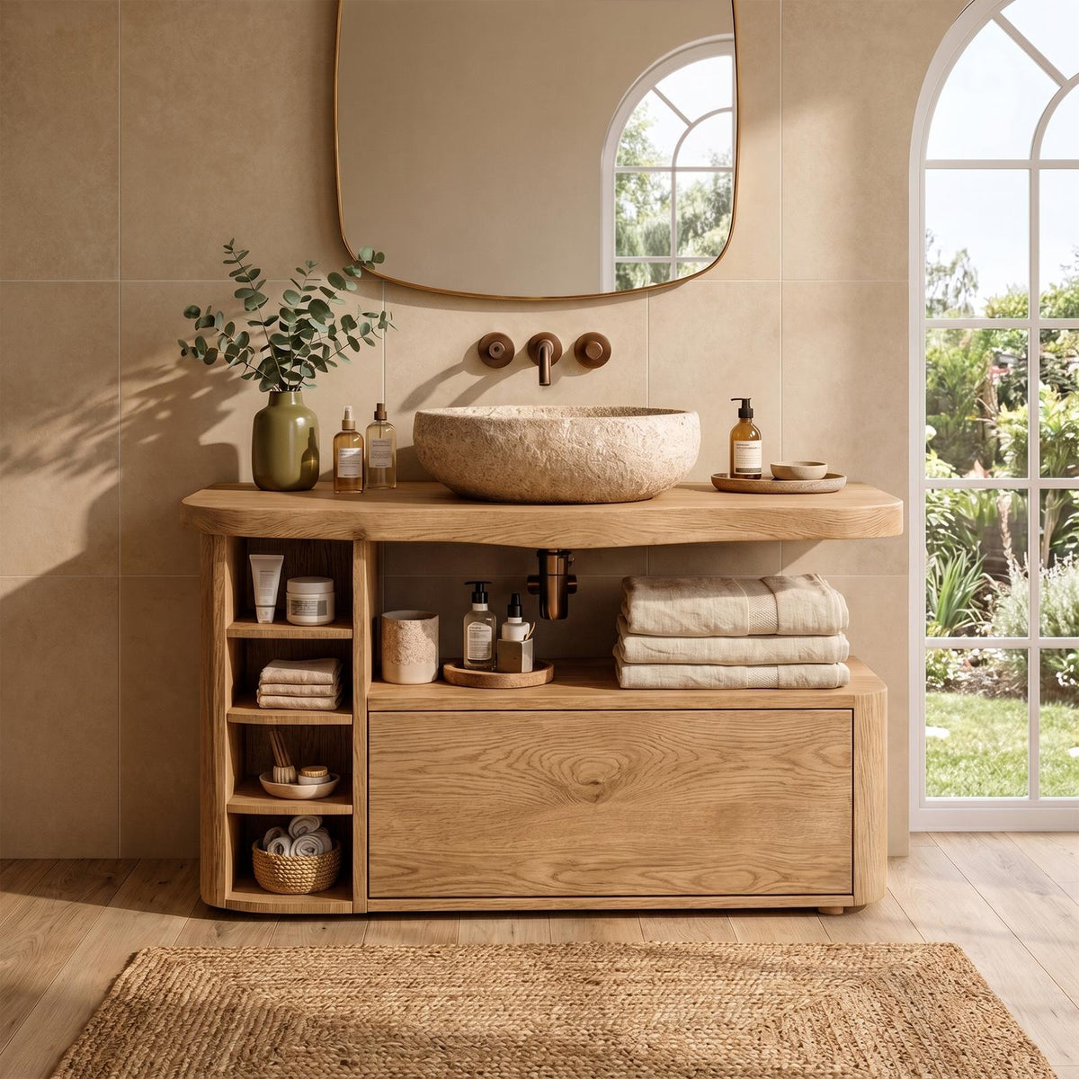 Spry Interior Contemporary Wooden Bathroom Vanity, Modern Handcrafted Solid Wood Storage Cabinet and Sink Console for Powder Room, SINLKIBRV298
