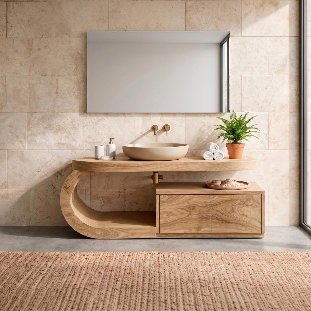 Spry Interior Organic Curved Wooden Bathroom Vanity, Handcrafted Solid Wood Storage Cabinet and Sink Console for Modern Powder Room, SINLKIBRV299