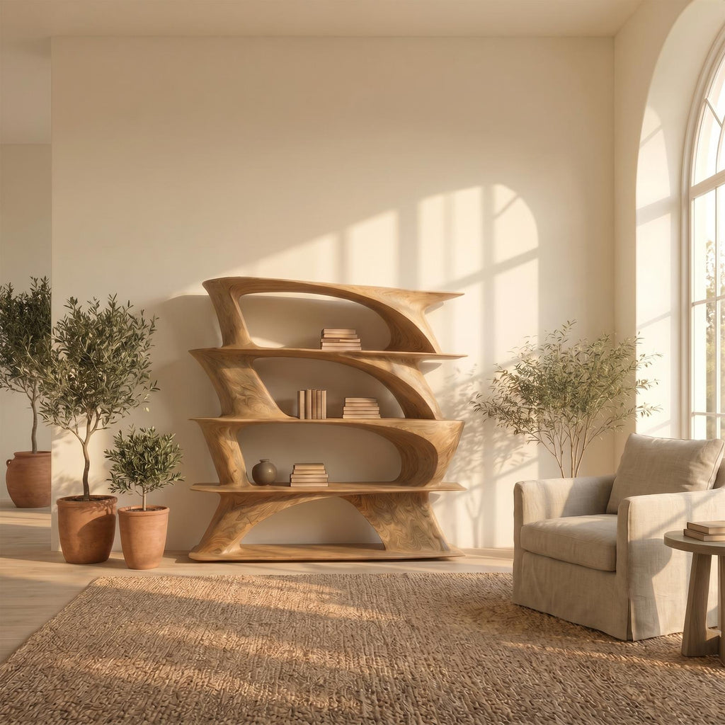 Organic Sculptural Bookshelf with Asymmetrical Open Shelves, Wooden Geometric Bookcase Display, Model