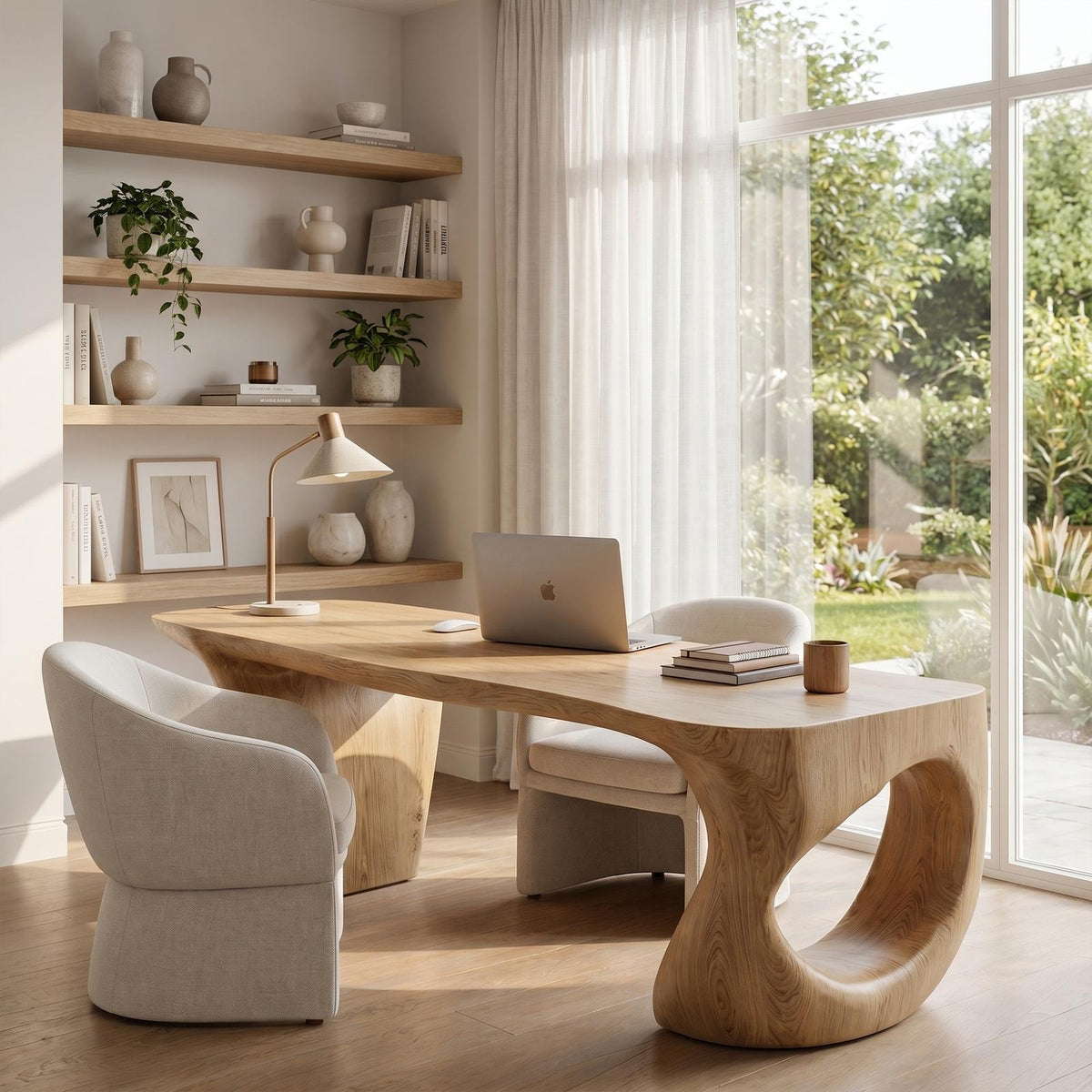 Contemporary Desk, Sculptural Loop Solid Wood Base & Writing Study Table for Executive Home Office