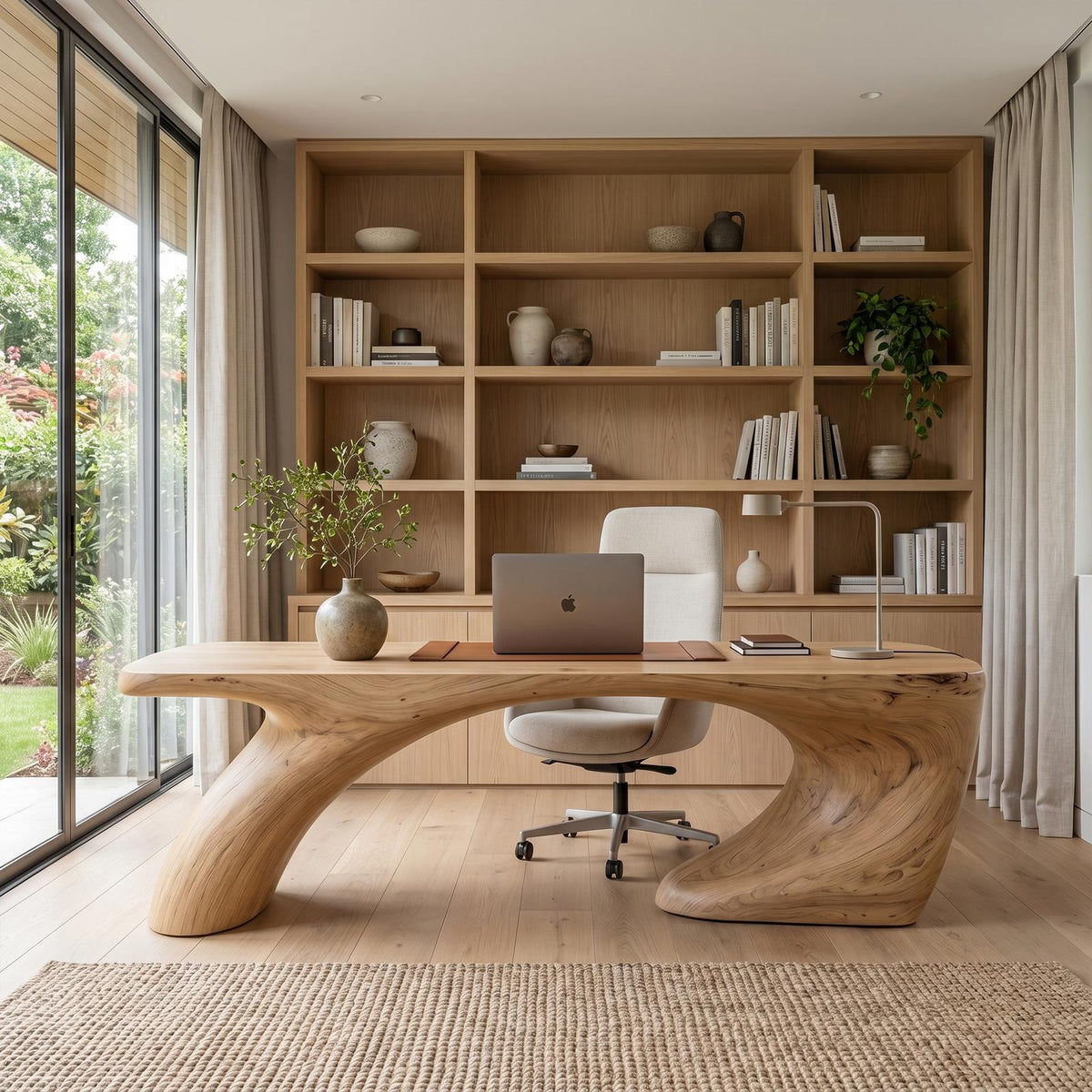 Modern Organic Desk, Sculptural Curved Solid Wood Base & Writing Table for Home Office Workspace