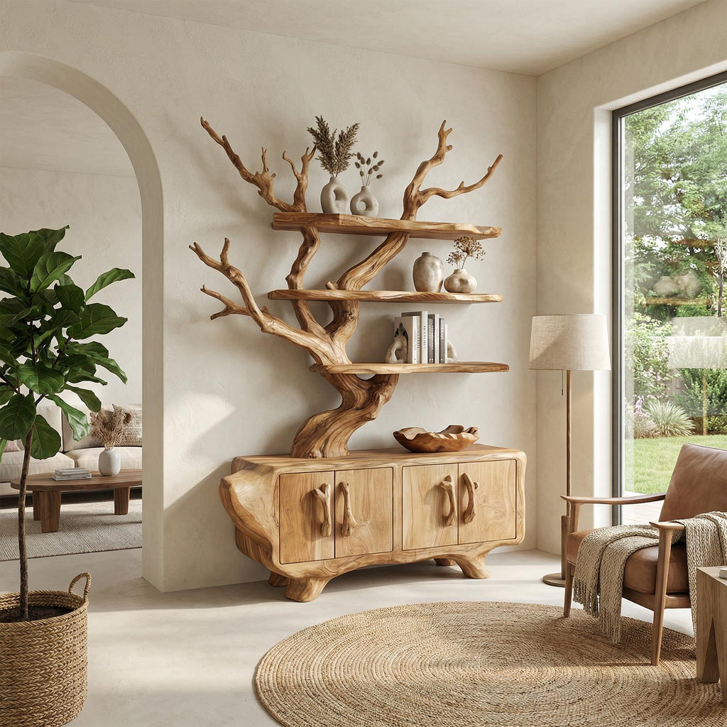 Tree Branch Bookshelf with Storage Cabinet, Solid Wood Artistic Bookcase, Modern Living Room display Unit