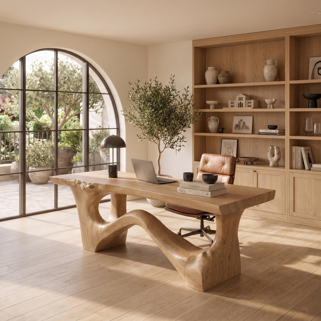 Organic Sculptural Desk, Asymmetrical Solid Wood Base & Writing Desk Top for Office & Study