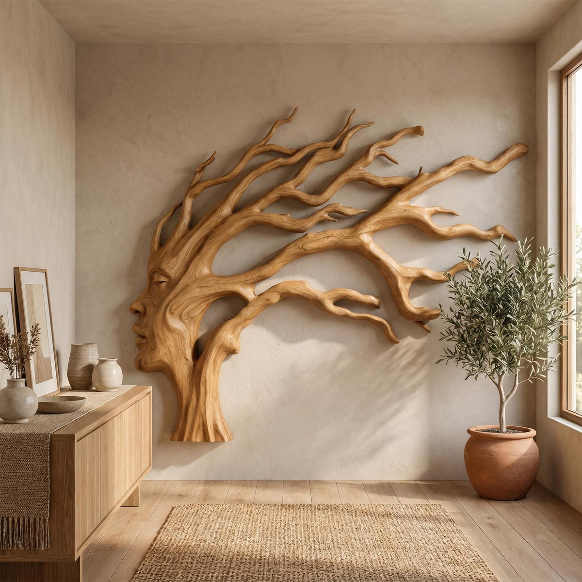 Organic Tree Wall Art, Handcrafted Sculptural Branch Solid Wood Hanging Decor for Living Room & Foyer