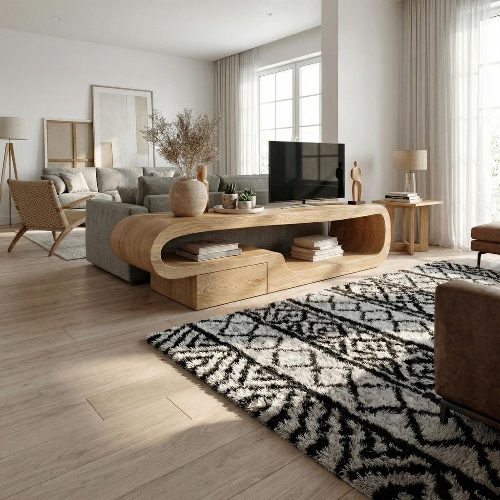 Scandinavian TV Cabinet, Solid Wood Low Profile Media Console Table, Modern Living Room TV Stand Unit