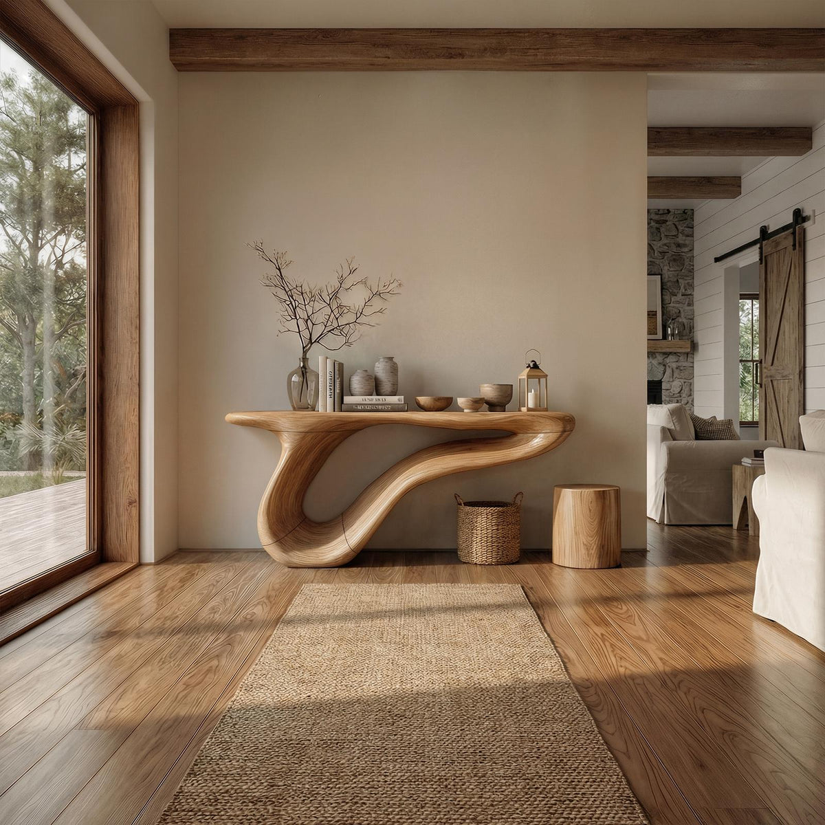 Organic Sculptural Console Table, Solid Wood Artistic Entryway & Living Room Accent Sofa Table