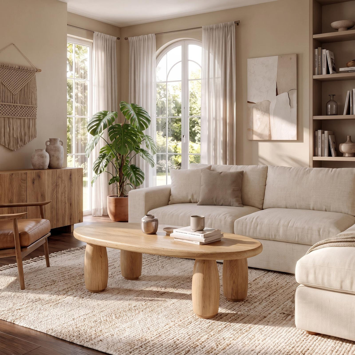 Natural Coffee Table With Organic Rounded Base For Living Room And Family Room SINLKICF421